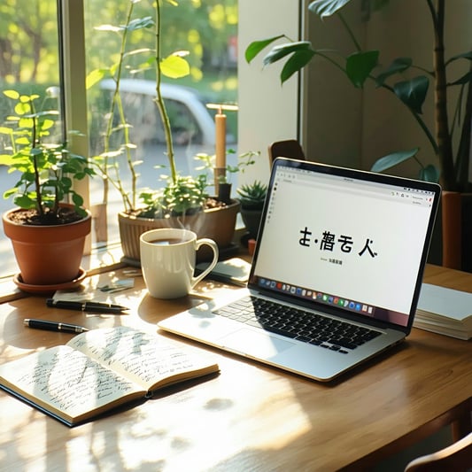The image features a bright, inviting workspace with a sleek laptop open to a blogging platform, displaying a draft titled 初めてのブログ記事の投稿