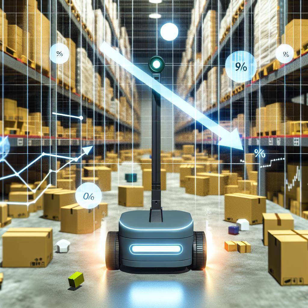 An image of an AMR (Autonomous Mobile Robot) in a logistics warehouse, showing how its implementation leads to cost reduction.